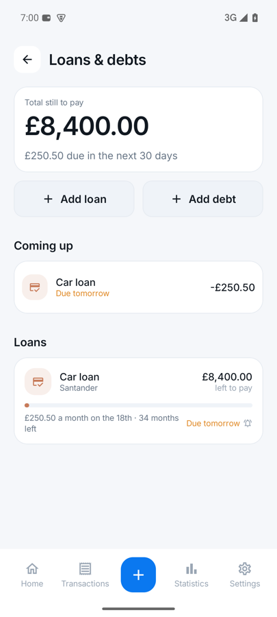 Loans and debts screen showing a car loan of £8,400 and £600 owed to Mum.