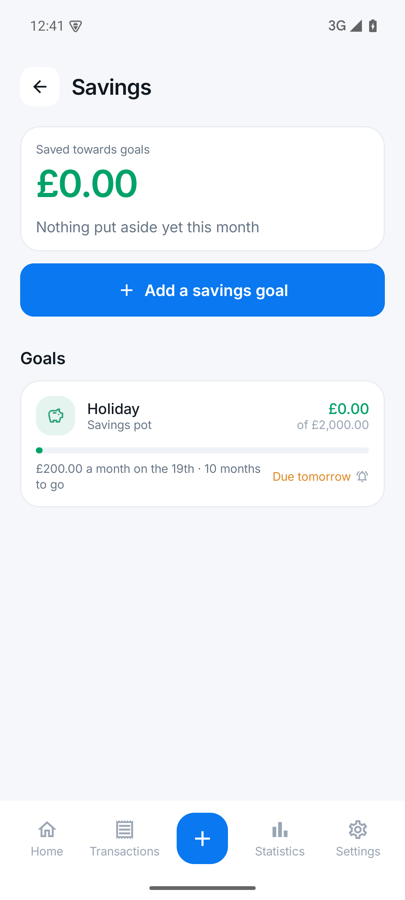 Savings screen showing a holiday goal at £200 of £2,000.