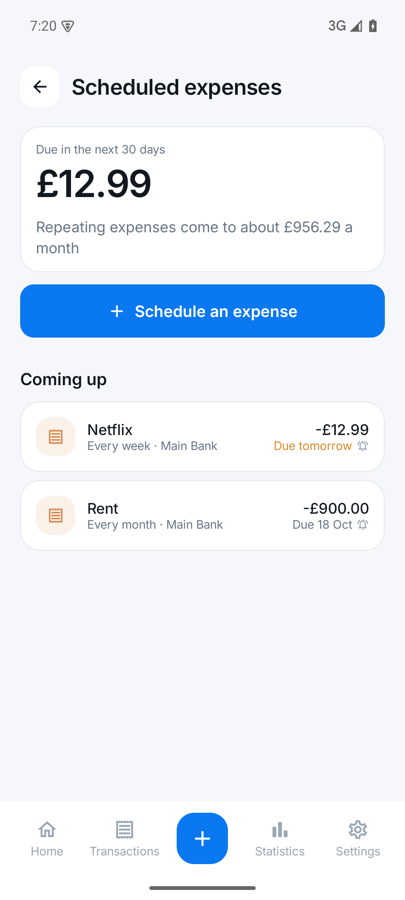 Scheduled expenses screen listing Netflix weekly and rent monthly.